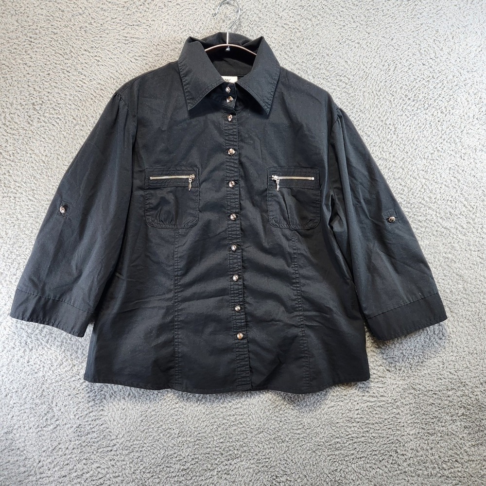 Worthington Stretch Button Up Shirt Womens XL Black Zip Pockets Business Causal